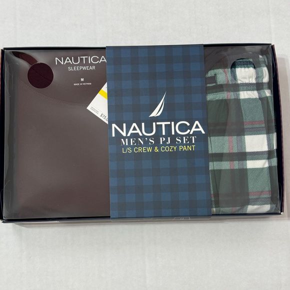Nautica NWB Sz M Men's PJ Set Maroon/Green Multi Crew Neck Cozy Pants - Picture 11 of 12